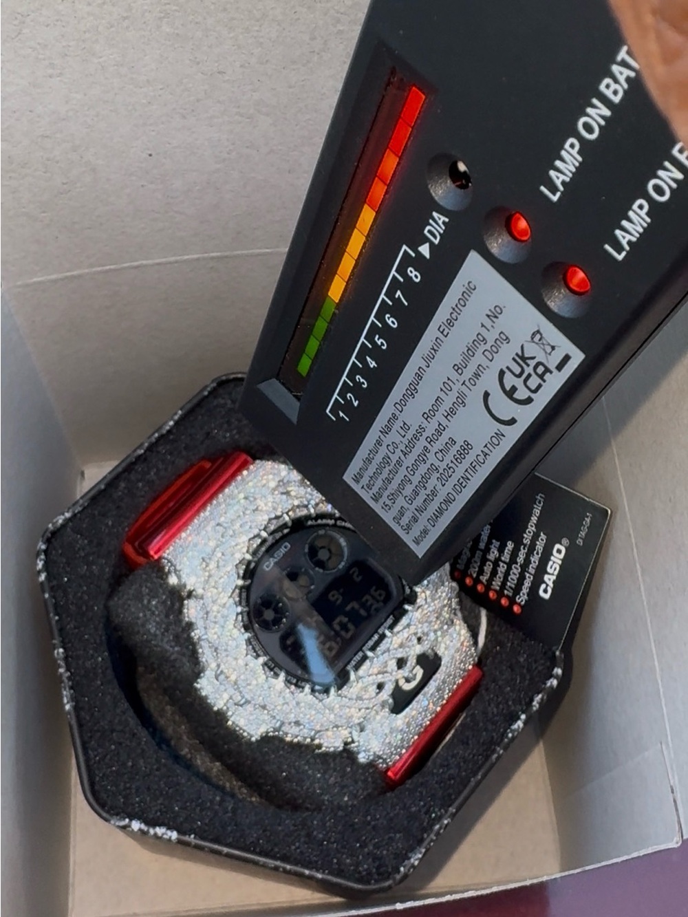 Casio G-Shock Digital Watch in Silver Glitter with Red Accents